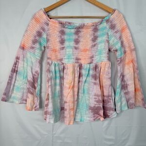 Torrid Size 0 (12) Smocked Tie Dye Peasant Top Off Shoulder Bell Sleeve